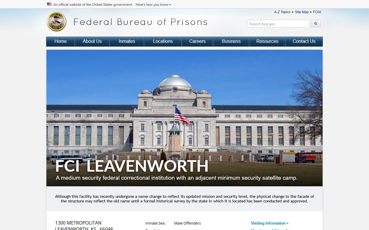 BOP Federal Correctional Institution Leavenworth facility page