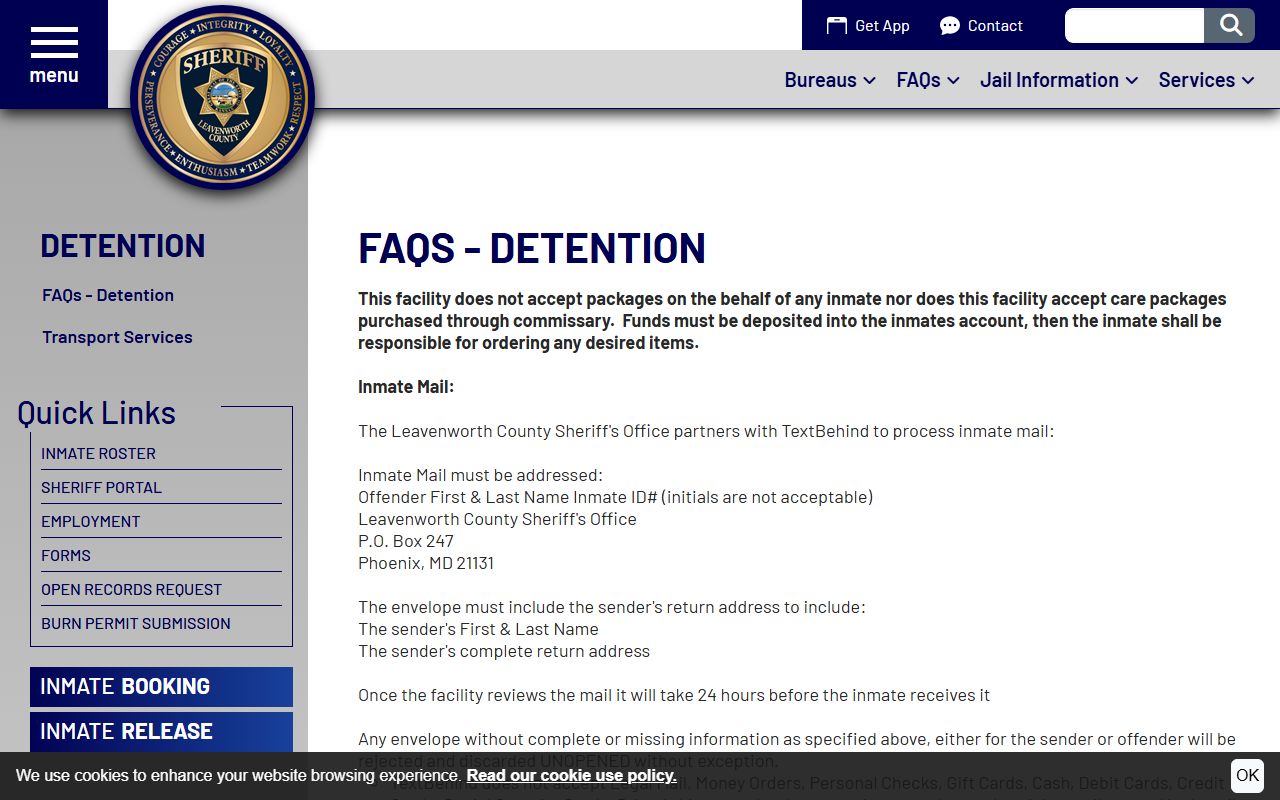 Leavenworth County Detention FAQ for visitation mail and deposits