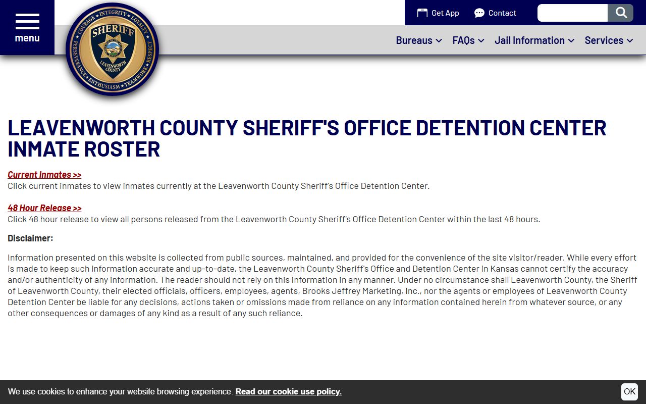 Leavenworth County jail mugshots roster disclaimer with current inmates and 48 hour release options