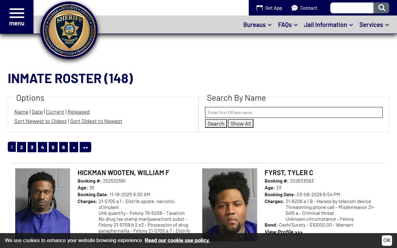 Leavenworth County inmate roster search with booking fields and mugshots