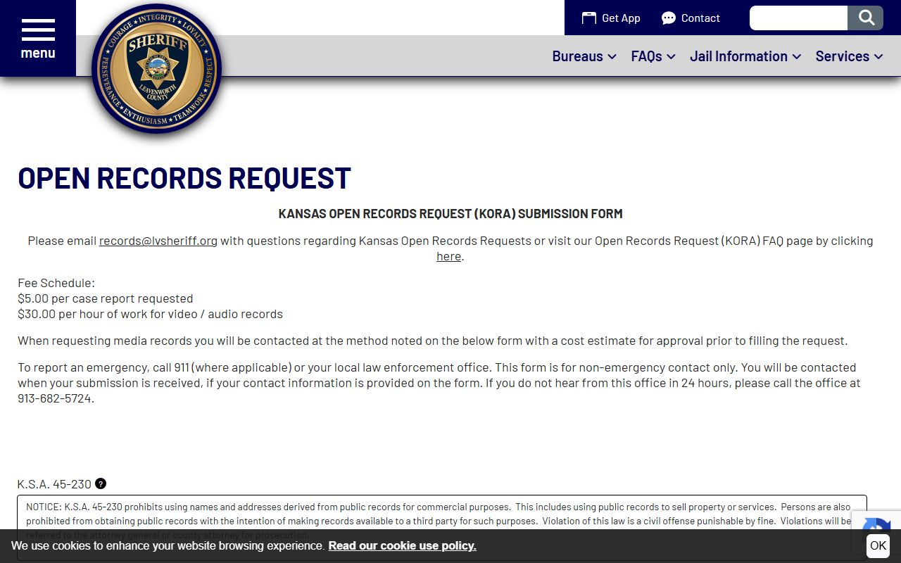Leavenworth County KORA request form for booking photos and jail mugshot records