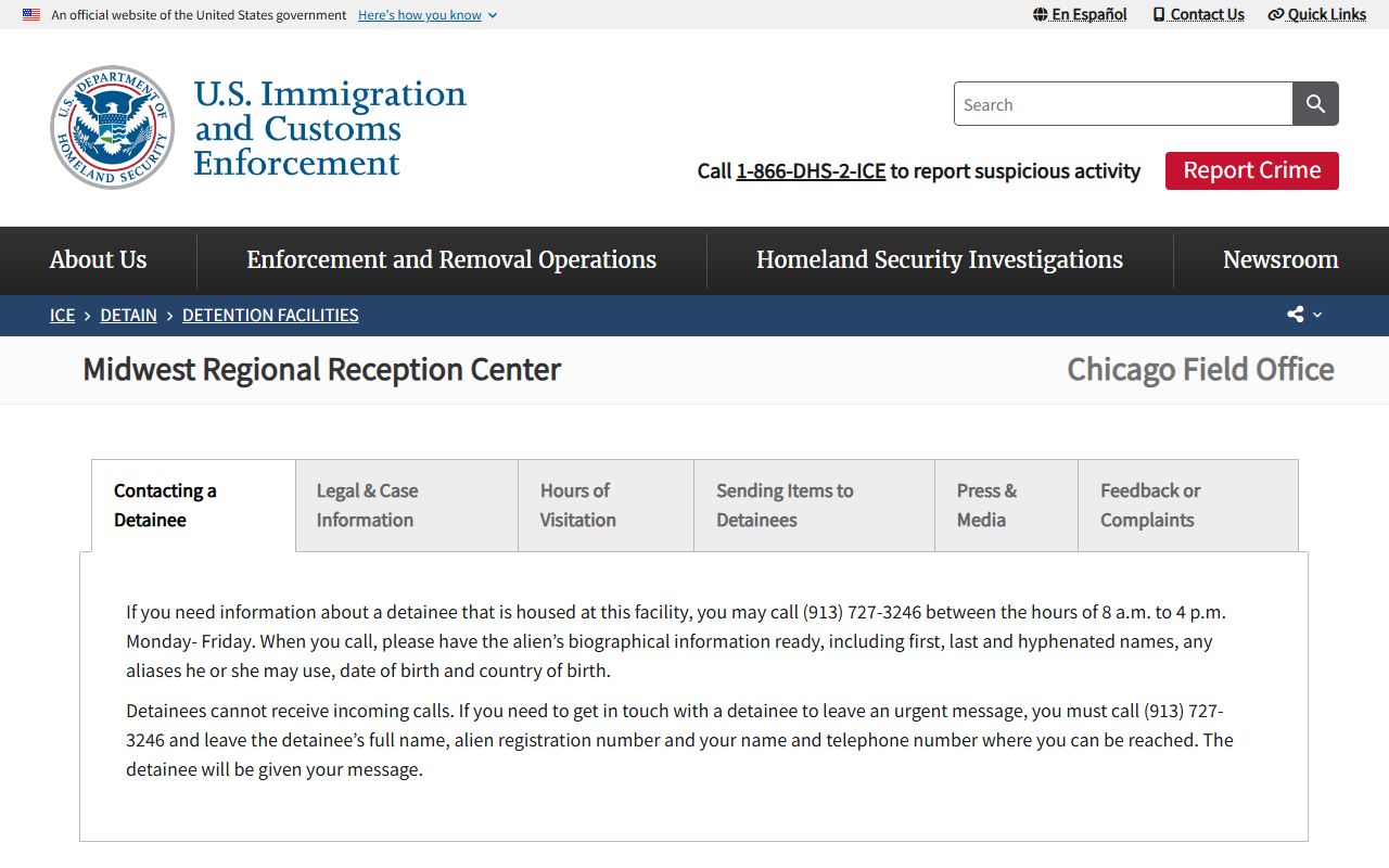 ICE Midwest Regional Reception Center facility page